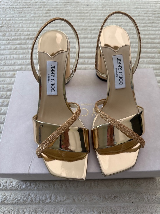 Jimmy Choo Shoes - Jimmy Choo Gold Mirror Metallic Heel Sandals with Glitter Strap